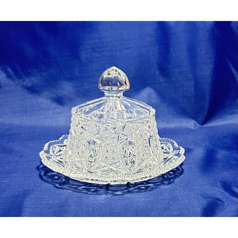 Antique Vtg Panaled Domed Clear Cut Glass Lidded Butter Dish Serving Ware